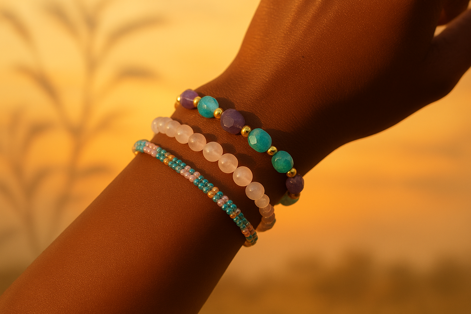 Lets create a photo of a brown womans wrist that has beautiful, small gemstones & glass beaded bracelets on it. Make the bracelets unique. The background plain, with a brighter sunset and plant shadows in the background.